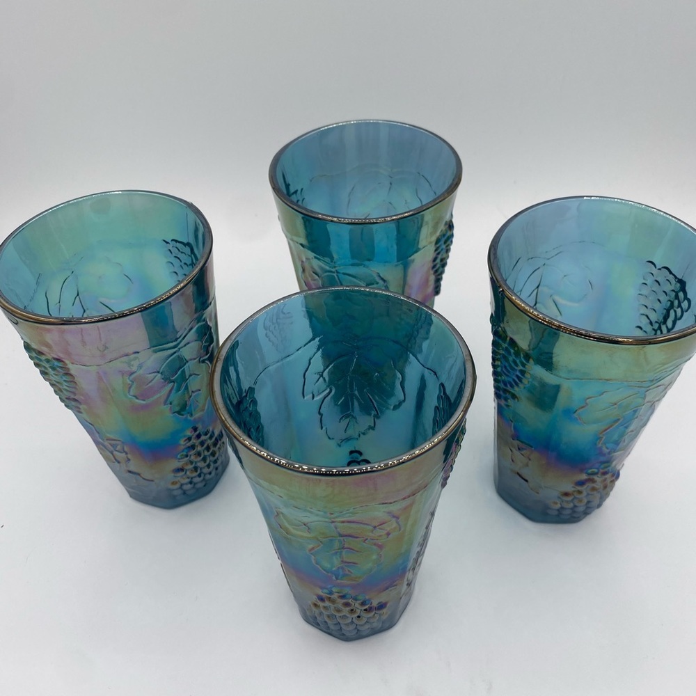 Vintage Indiana Carnival Glass Colony Harvest Grape Blue Tumblers Set Of 4 - Picture 2 of 5